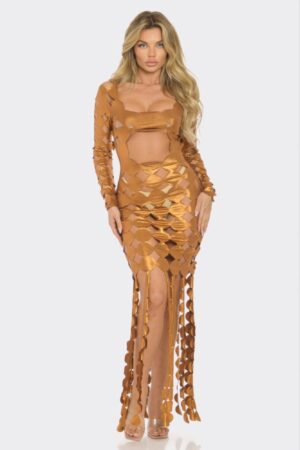 Metallic Cut-Out Maxi Dress with Long Sleeves