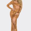 Metallic Cut-Out Maxi Dress with Long Sleeves