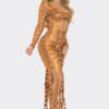 Metallic Cut-Out Maxi Dress with Long Sleeves