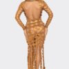 Metallic Cut-Out Maxi Dress with Long Sleeves