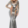 Metallic Mesh Cut-Out Maxi Dress with Flared Hem