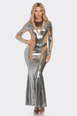 Metallic Mesh Cut-Out Maxi Dress with Flared Hem