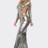 Metallic Mesh Cut-Out Maxi Dress with Flared Hem