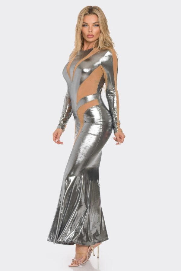 Metallic Mesh Cut-Out Maxi Dress with Flared Hem