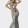 Metallic Mesh Cut-Out Maxi Dress with Flared Hem