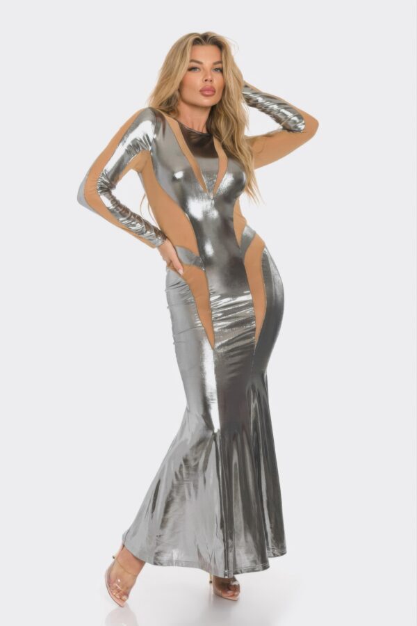 Metallic Mesh Cut-Out Maxi Dress with Flared Hem