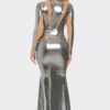 Metallic Mesh Cut-Out Maxi Dress with Flared Hem