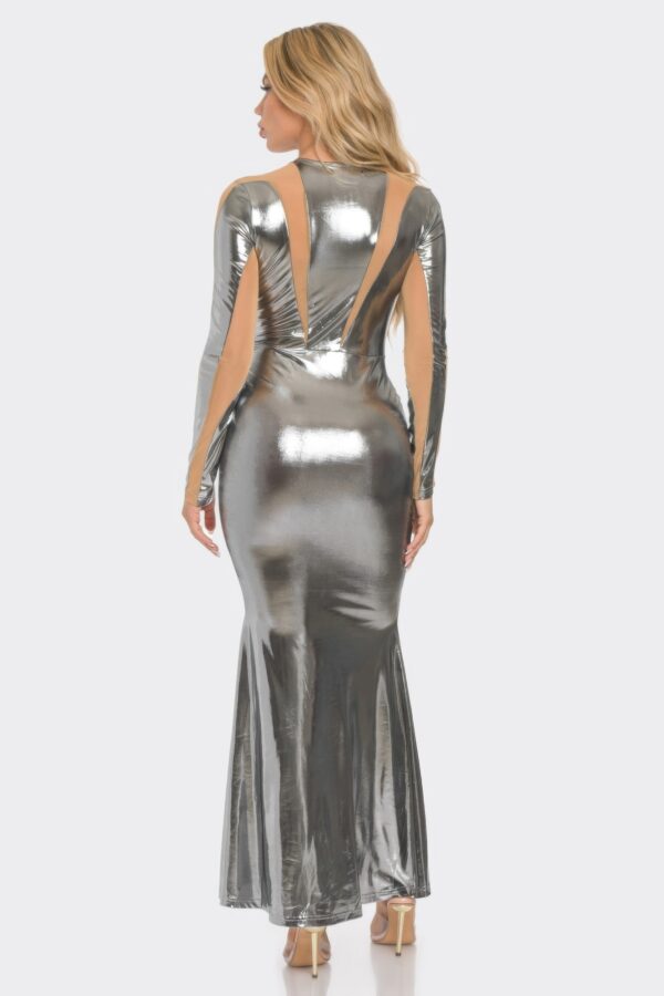 Metallic Mesh Cut-Out Maxi Dress with Flared Hem