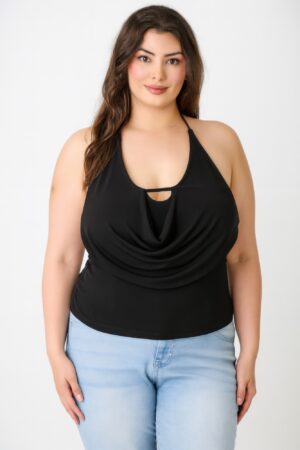Plus Size Halter Cowl-Neck Draped Top with Bar Detail