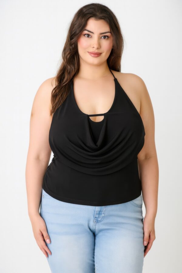 Plus Size Halter Cowl-Neck Draped Top with Bar Detail