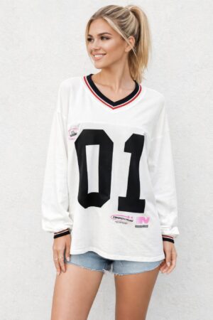 Varsity 01 Graphic Jersey Top – V-Neck Athletic Tee