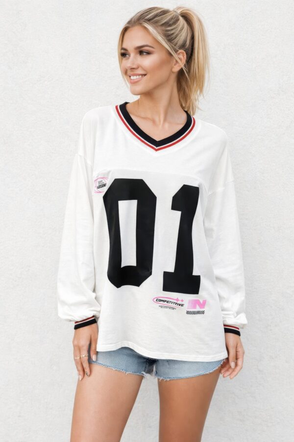 Varsity 01 Graphic Jersey Top – V-Neck Athletic Tee