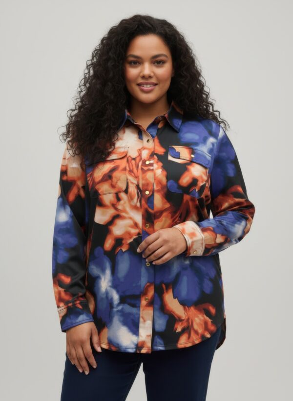 Printed Plus Size Blouse with Gold Snap Front
