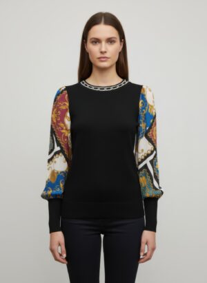 Pullover Sweater with Sheer Printed Sleeves