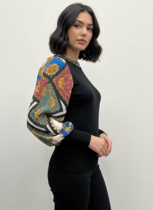 Pullover Sweater with Sheer Printed Sleeves