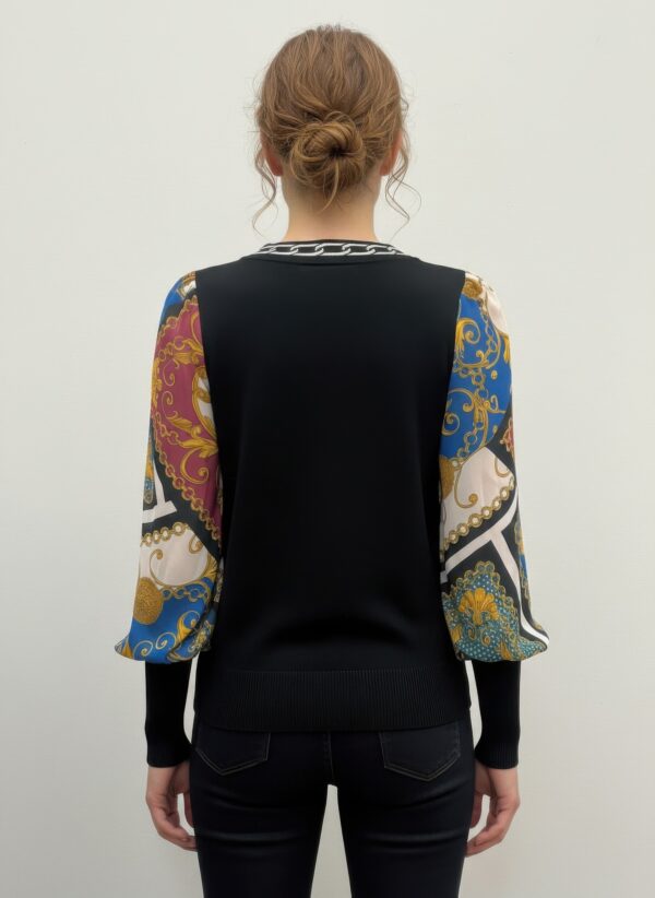 Pullover Sweater with Sheer Printed Sleeves