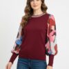 Pullover Sweater with Sheer Printed Long Sleeves