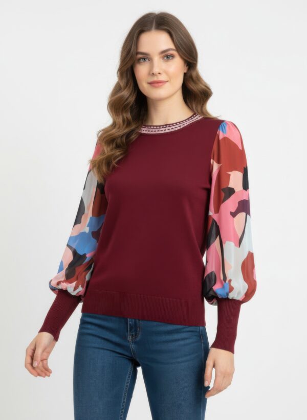 Pullover Sweater with Sheer Printed Long Sleeves
