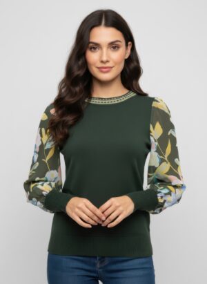 Rio & Rian Sheer-Sleeve Pullover Sweater