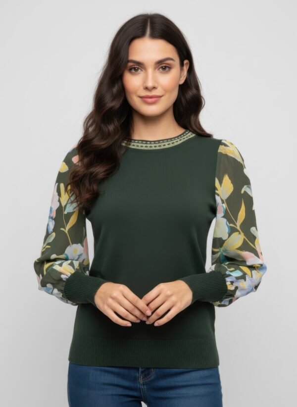 Rio & Rian Sheer-Sleeve Pullover Sweater