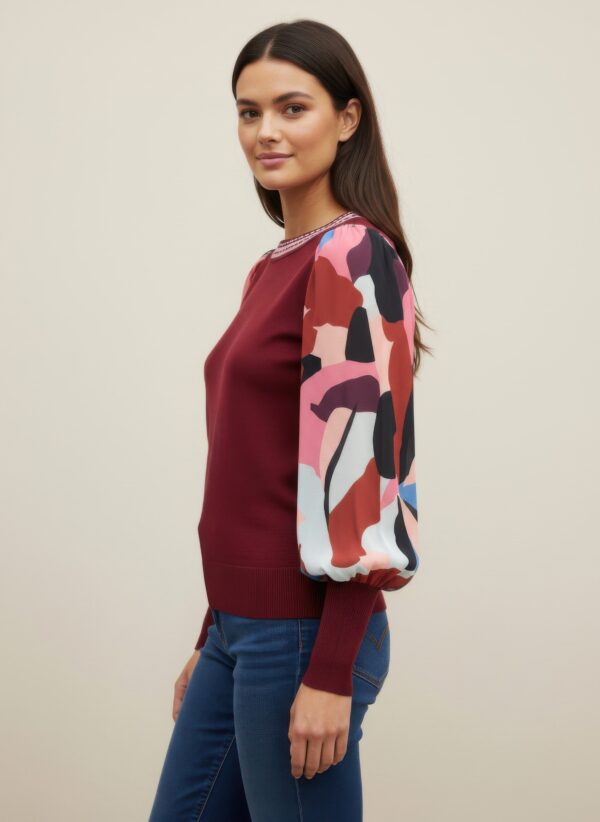 Pullover Sweater with Sheer Printed Long Sleeves