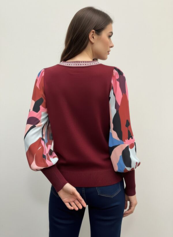 Pullover Sweater with Sheer Printed Long Sleeves