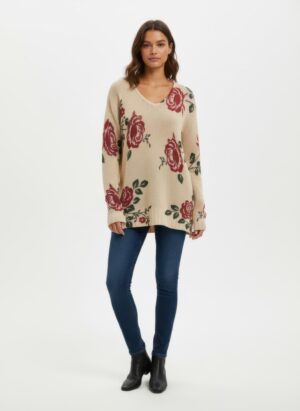 Pullover Sweater with Crochet Floral Tunic V-Neck