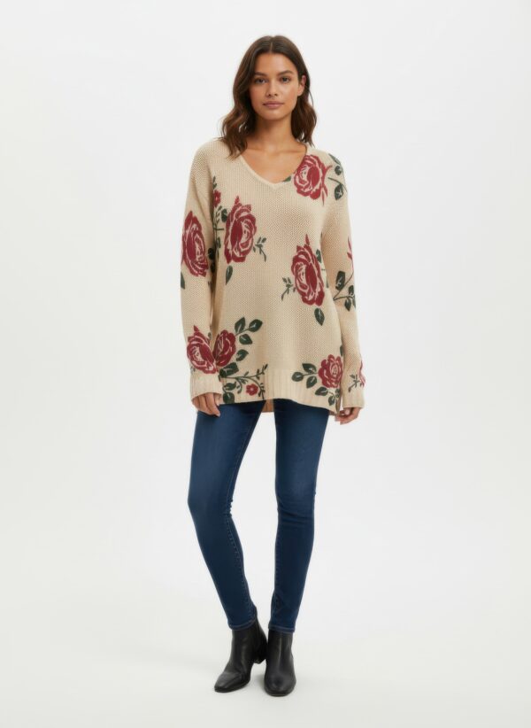 Pullover Sweater with Crochet Floral Tunic V-Neck