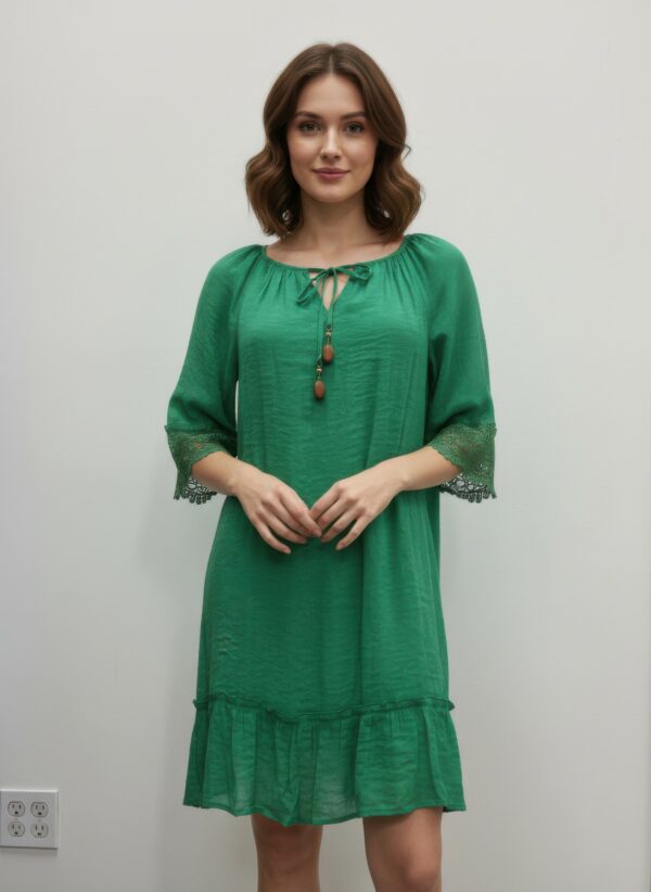 Gabrielle Elbow Sleeve Dress with Crochet & Tassels