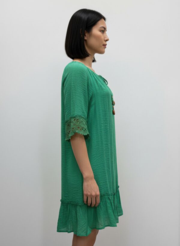 Gabrielle Elbow Sleeve Dress with Crochet & Tassels