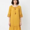 Solid Elbow-Sleeve Dress with Crochet Detail