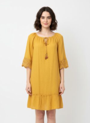 Solid Elbow-Sleeve Dress with Crochet Detail