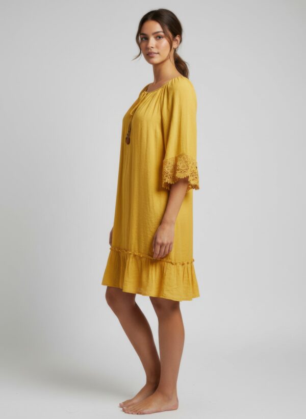Solid Elbow-Sleeve Dress with Crochet Detail