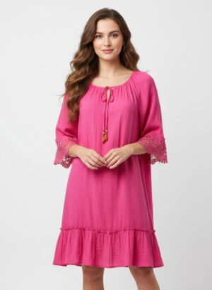 Notch Neck Elbow-Sleeve Dress with Crochet & Tassels