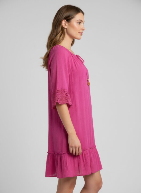 Notch Neck Elbow-Sleeve Dress with Crochet & Tassels