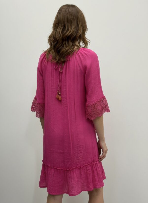 Notch Neck Elbow-Sleeve Dress with Crochet & Tassels