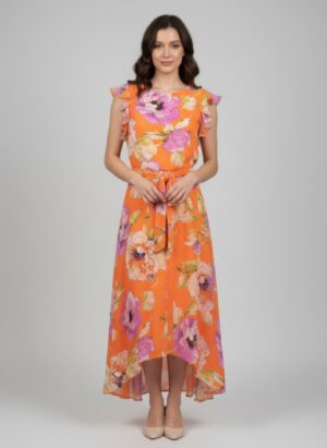 Shelby & Palmer Floral Ruffle-Sleeve Dress – Asymmetrical Hem