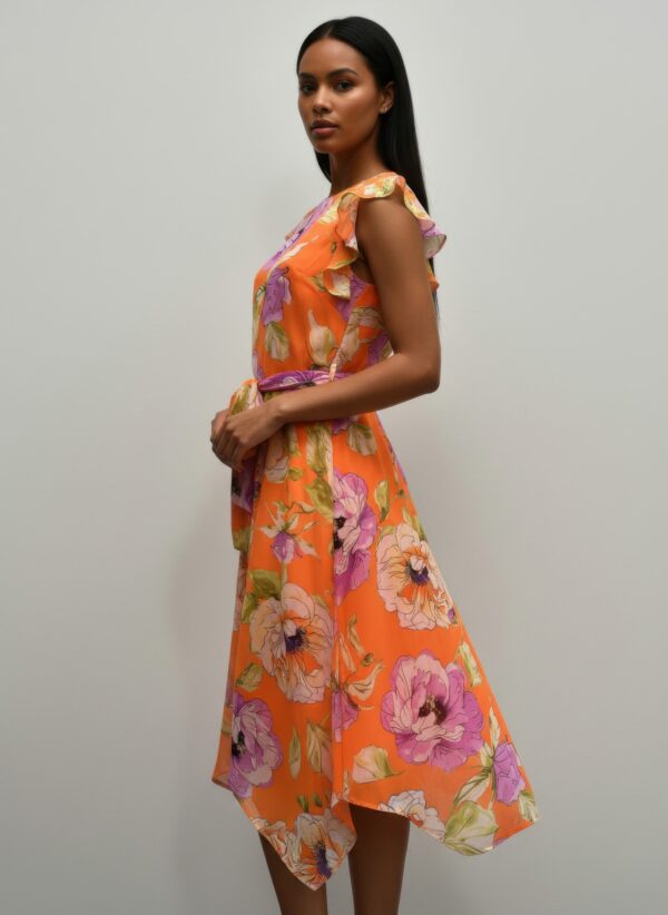 Shelby & Palmer Floral Ruffle-Sleeve Dress – Asymmetrical Hem