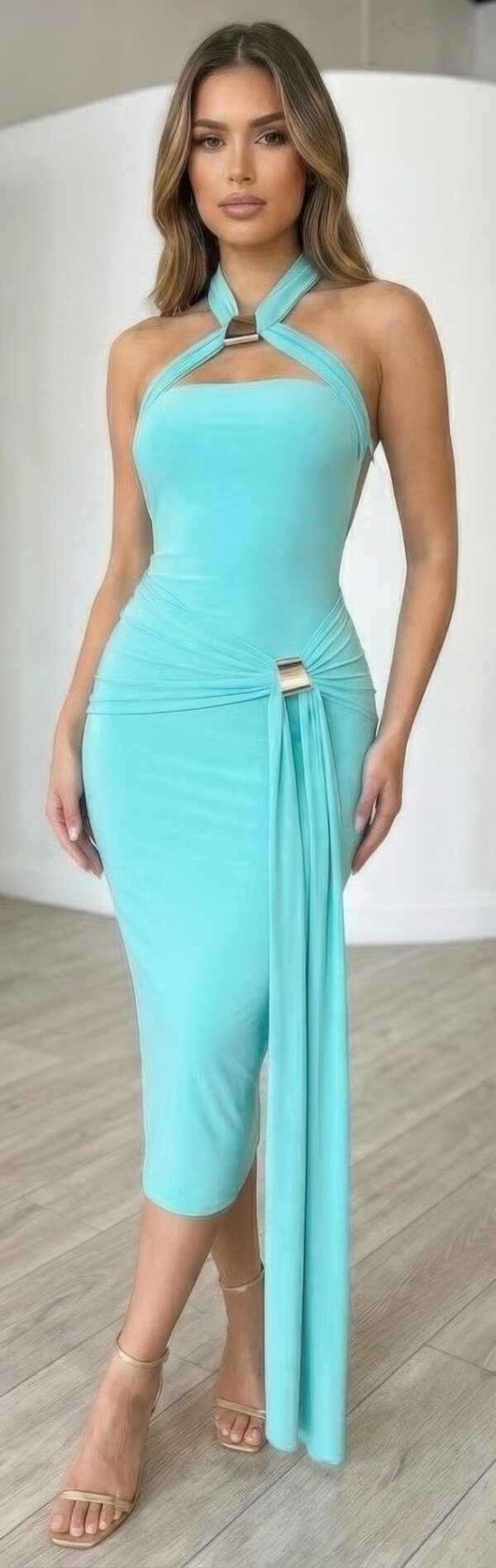 Halter Bodycon Midi Dress with Open Back