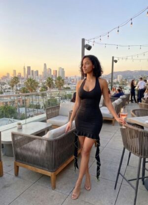 Solid Deep V Mini Dress with Ruffle Tail Hem