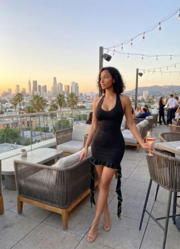 Solid Deep V Mini Dress with Ruffle Tail Hem