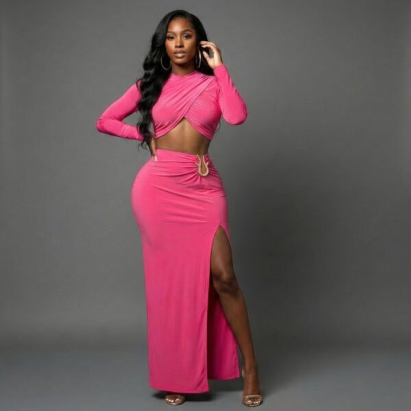 High Slit Maxi Skirt Set with Crossover Wrap Top