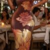 Draped Turtleneck Maxi Dress – Metallic Flower
