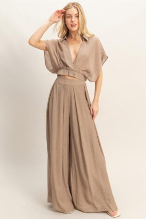 Cropped Wrap Top & Wide-Leg Pants Set – Cotton Blend