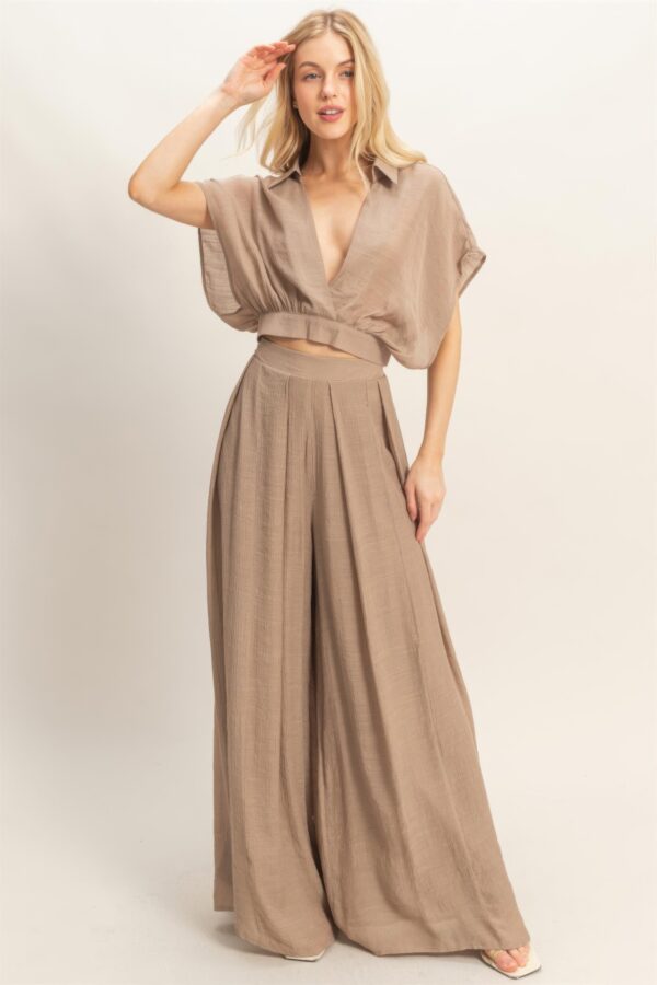 Cropped Wrap Top & Wide-Leg Pants Set – Cotton Blend
