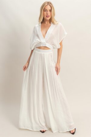 Cropped Collared Wrap Top and Wide-Leg Pants Set