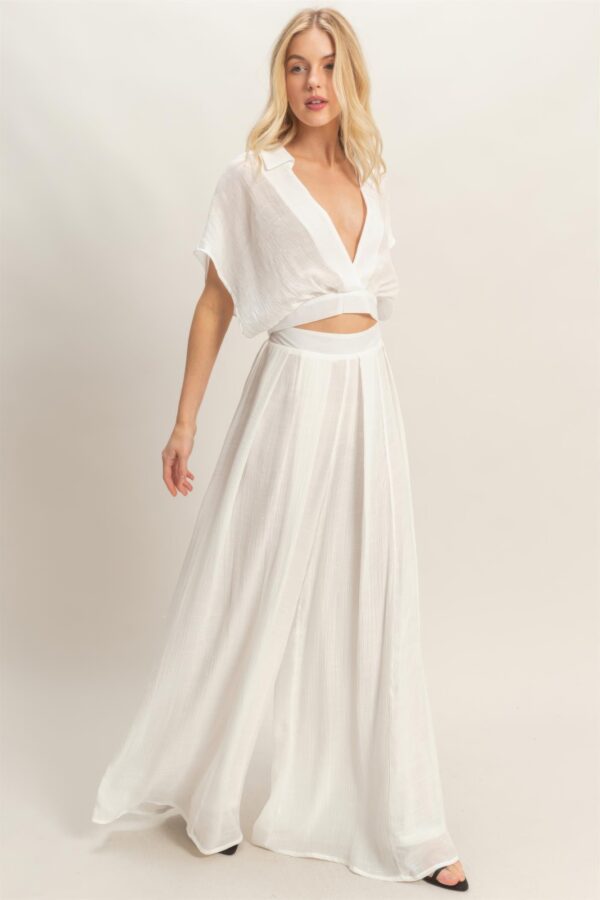 Cropped Collared Wrap Top and Wide-Leg Pants Set
