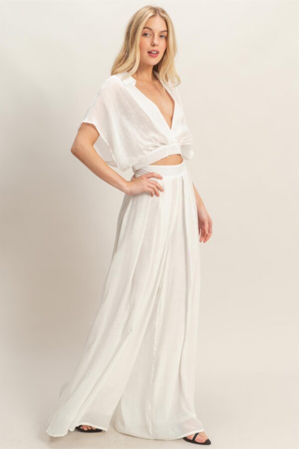 Cropped Collared Wrap Top and Wide-Leg Pants Set