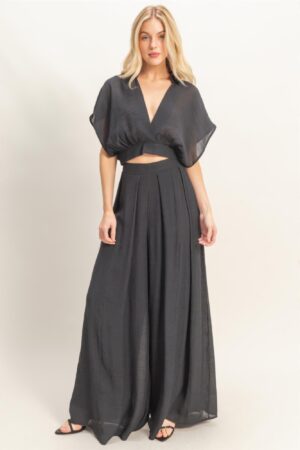 Cropped Collared Wrap Top + Wide-Leg Pants Set