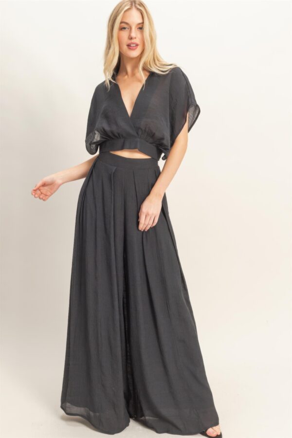 Cropped Collared Wrap Top + Wide-Leg Pants Set